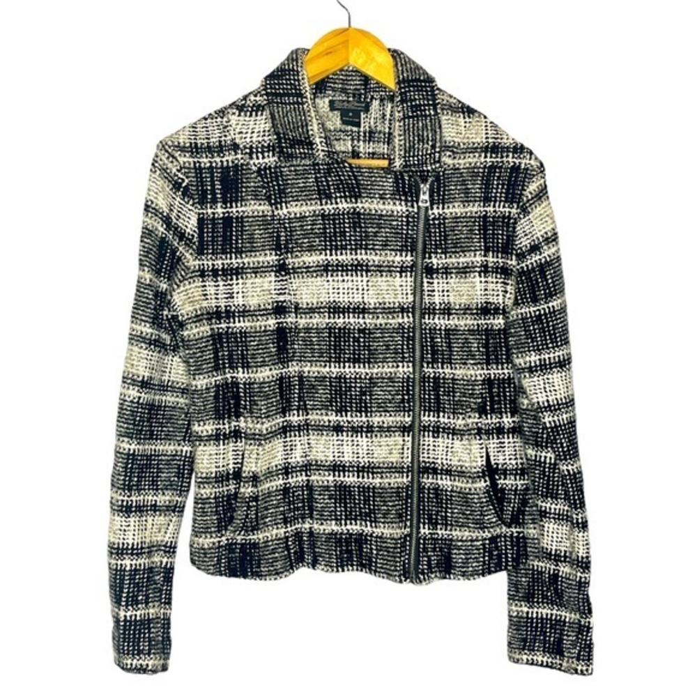 Lucky Brand S black/grey tweed knit asymmetrical zip cotton blend moto jacket‎